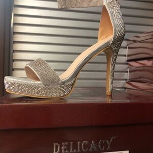 Delicacy Silver Sparkly Heels with Ankle Strap and Platform Sole
